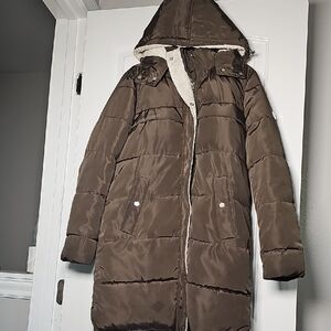 Steve Madden Sm Women's Cozy Brown Hooded Puffer Jacket, Removable Hood